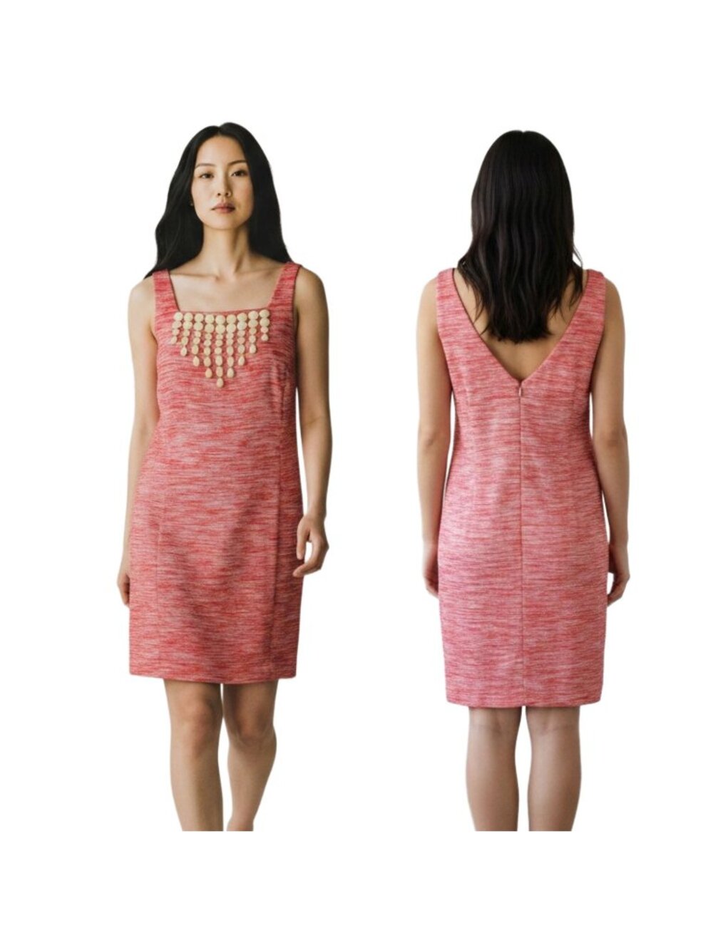 Trina Turk Dress Sz 6 Coral Orange Sheath Beaded Neckline Sleeveless Textured